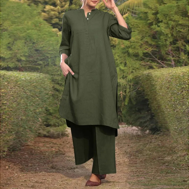 V Neck Shirt and Straight Pants Two Piece Set for Women