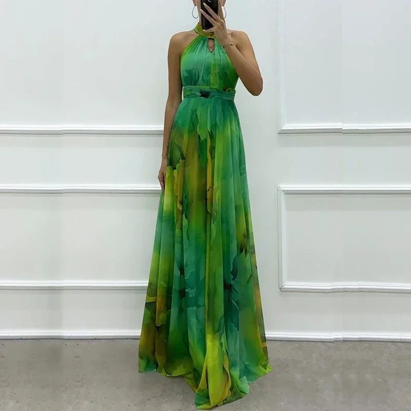 Elegant Lace Up Pleated Boho Print Evening Dress for Women
