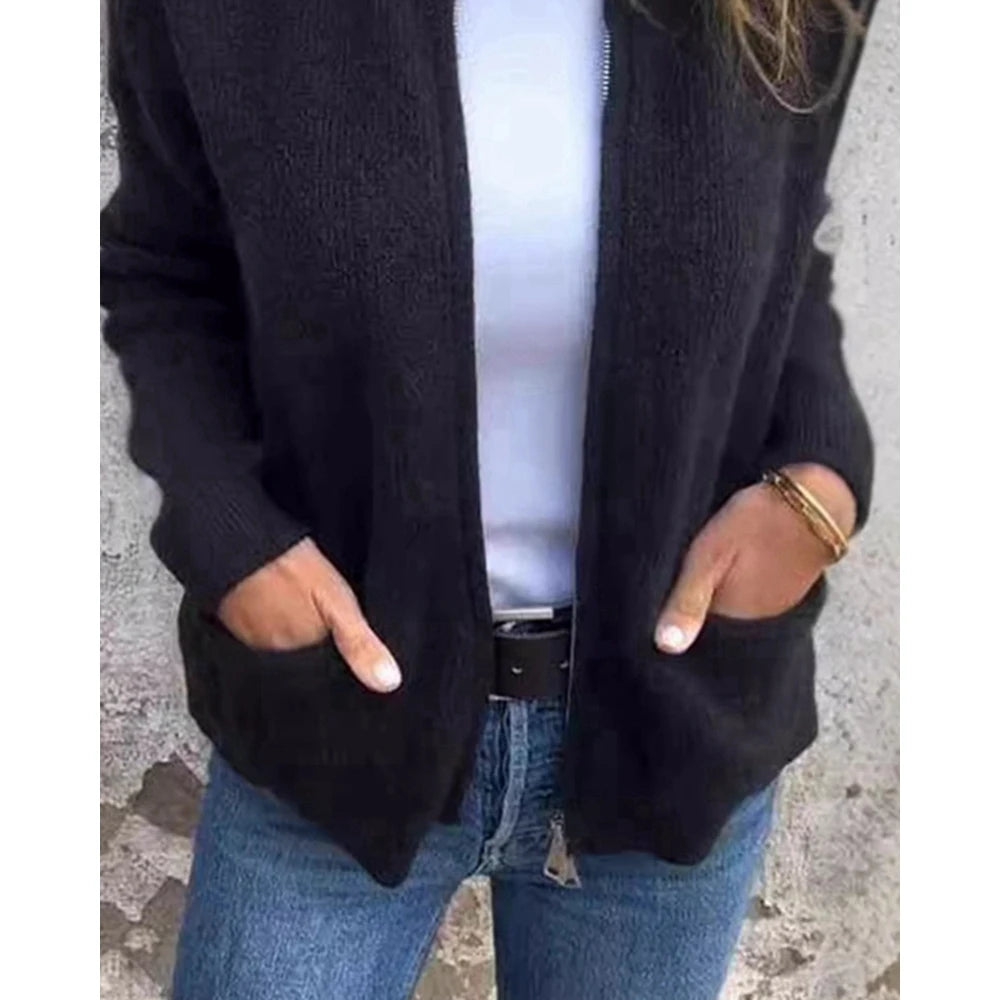 Women's Round Neck Zipper Design Long Sleeve Sweater Top Ladies Casual Fashion Cardigan Autumn
