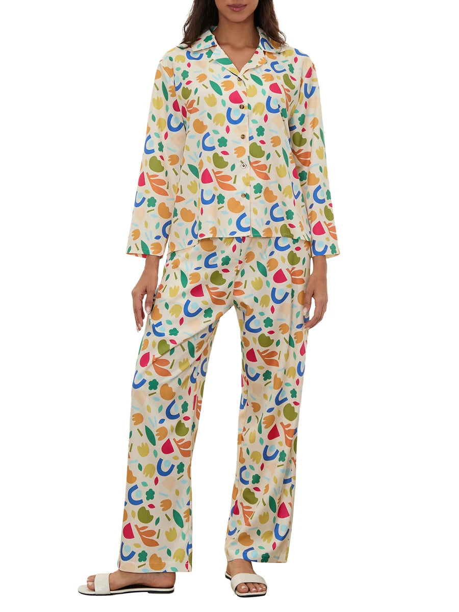Women Pajamas Set 2 Pieces Loungewear Suits Fashion Print Button up Long Sleeve Tops and Elastic Pants Sleepwear Outfits Pjs