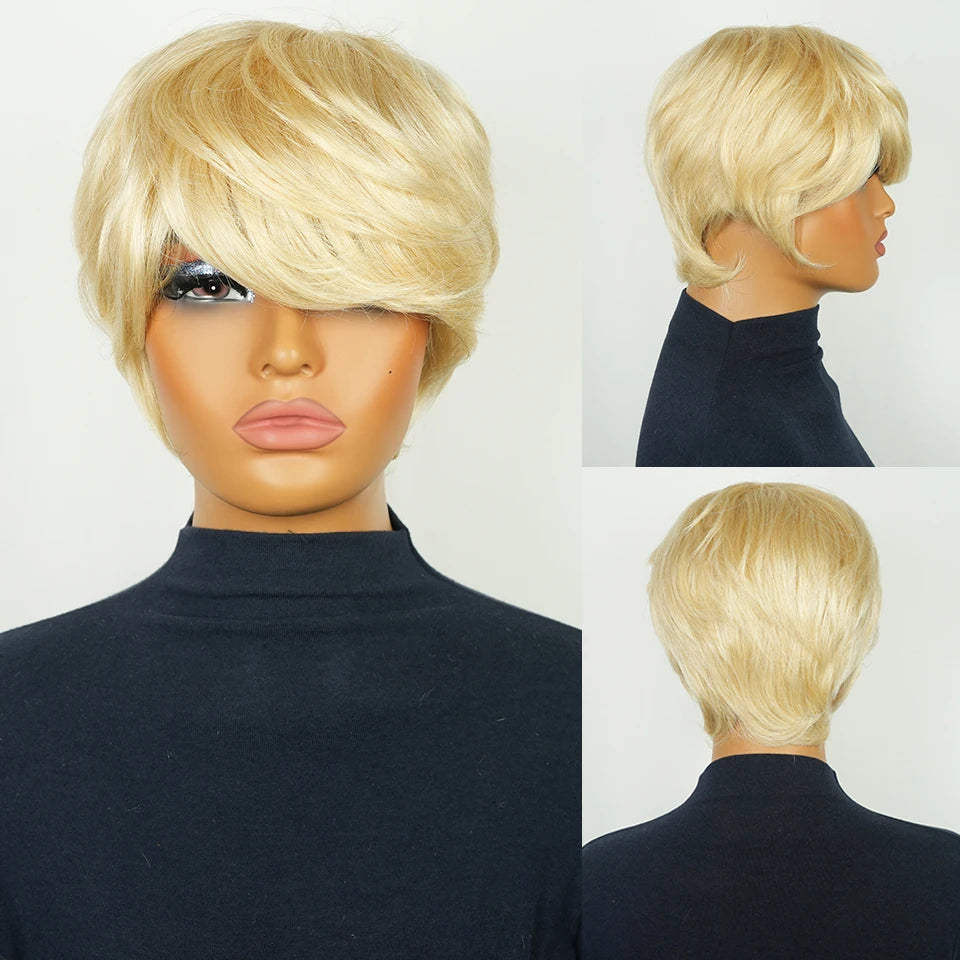 Short Blonde Layered Bob Pixie Human Hair Wig for Women