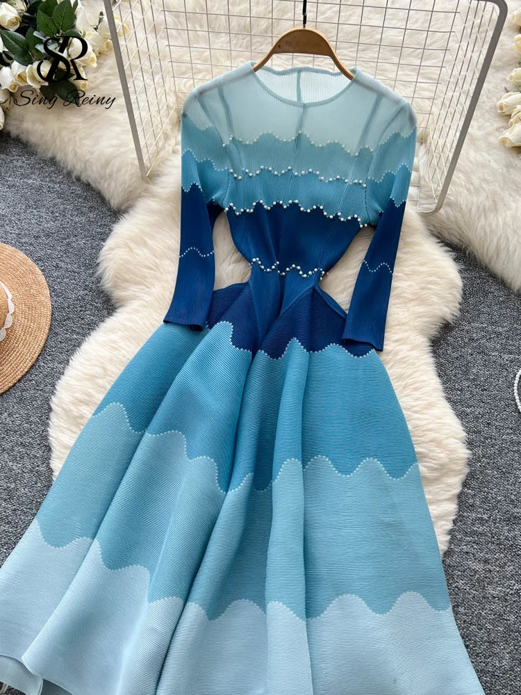 Wave Print Long Sleeve Ankle Length Evening Dress for Women