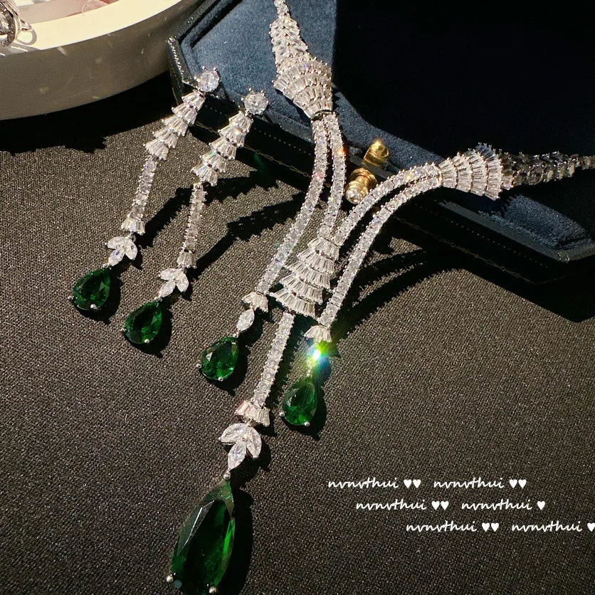 Crystal Zircon Tassel Necklace and Earrings Set for Women