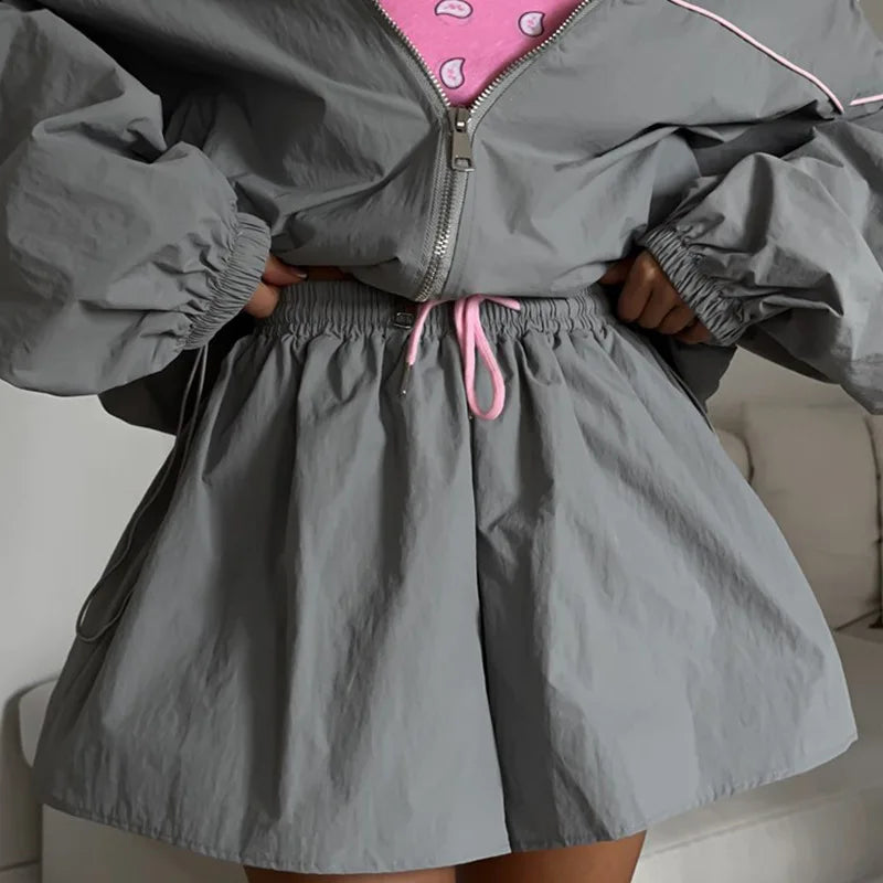 Casual Striped Lapel Jacket And Shorts Set for Women