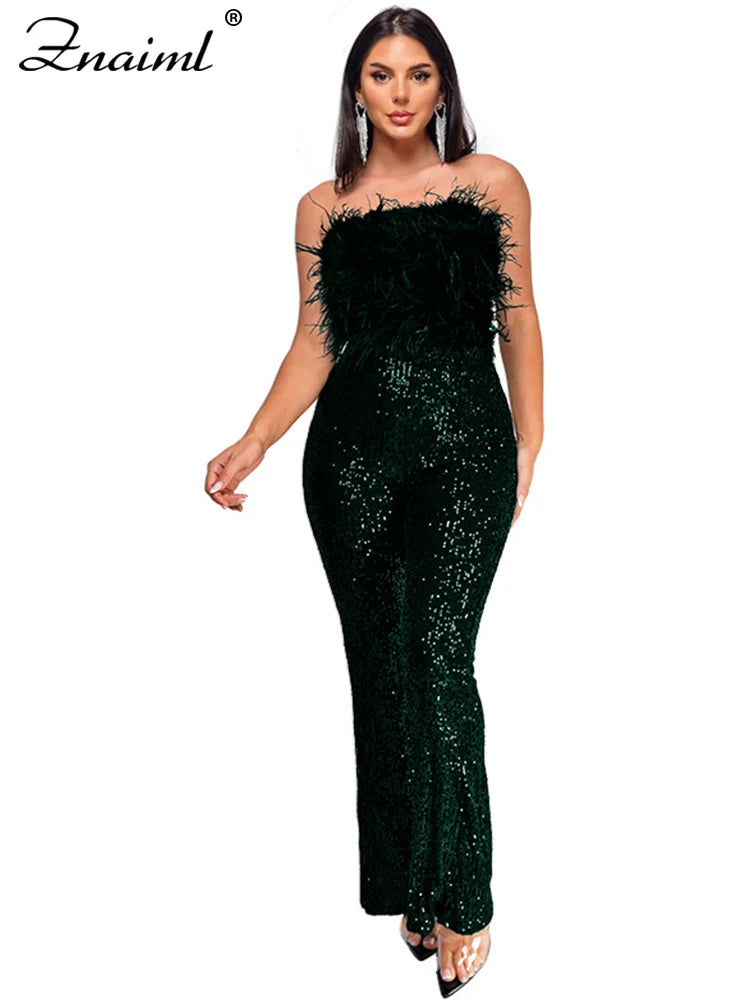 Znaiml New Luxury Sequins Jumpsuit with Colorful Feathers Sleeveless Shiny Dress Women's Evening Birathday One Pieces Rompers