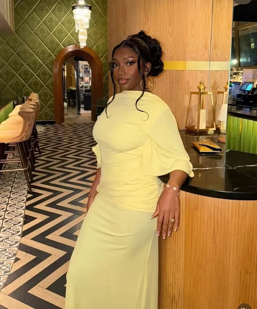 Yellow Backless Slit Evening Dress With Cinched Waist For Women