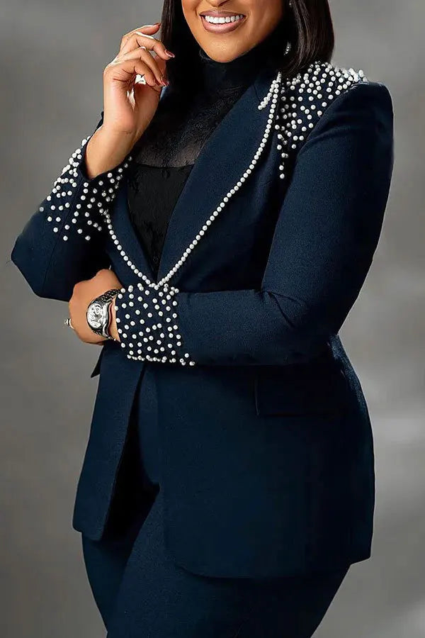 Elegant Slim Fit Pearl Blazer And Pants Set for Women