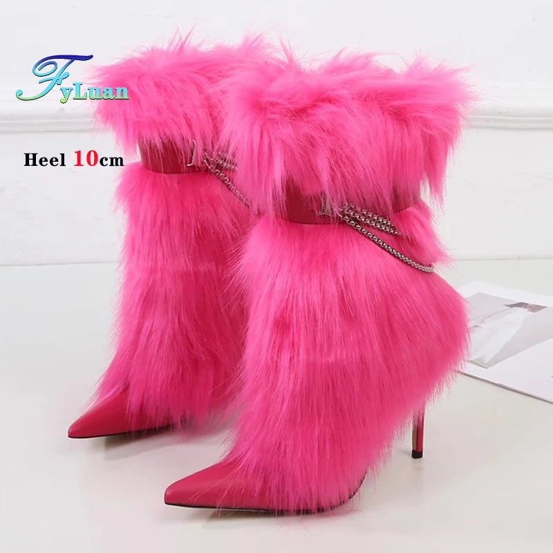 Fuchsia Faux Fur Buckle Ankle Boots