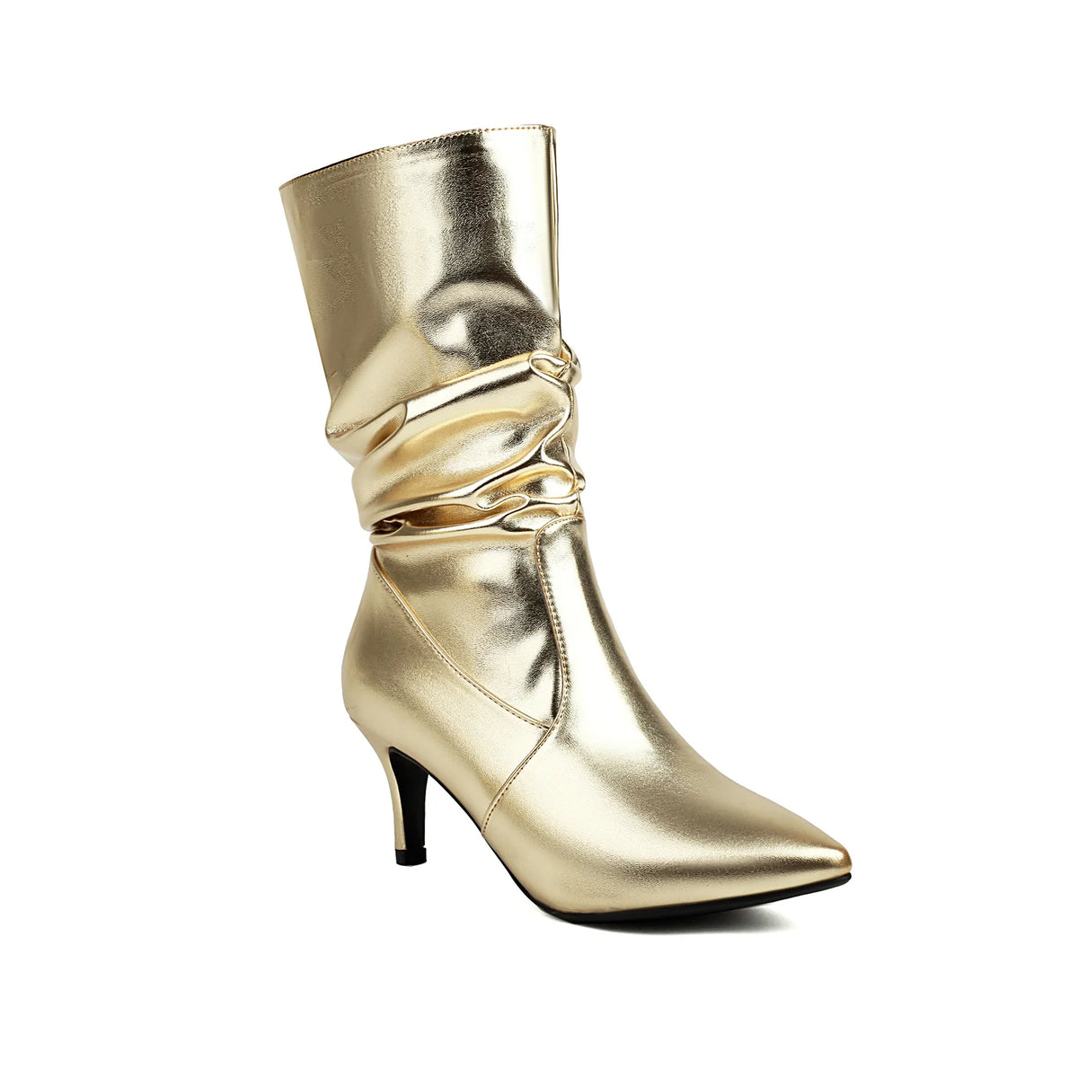 Metallic Pleated Pointed Toe Mid-Calf Stiletto Boots for Women
