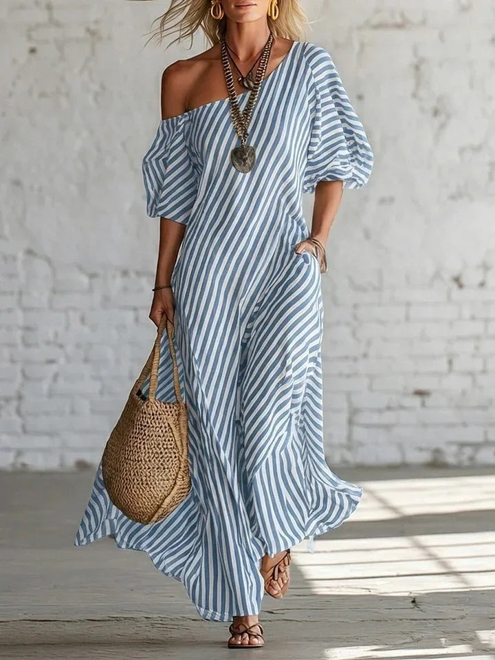 Striped Off Shoulder With Pockets Maxi Dress for Women