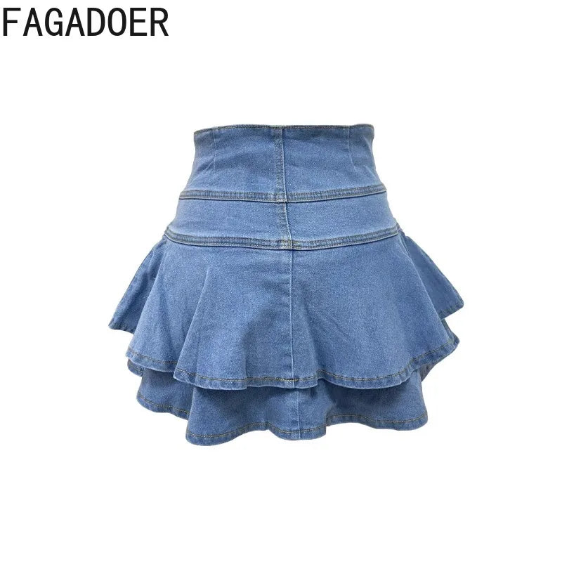 FAGADOER Fashion Ruched Patchwork Bodycon Denim Pleated Skirt Woman Solid Color Buttons Jeans Skirts Female Streetwear Bottoms