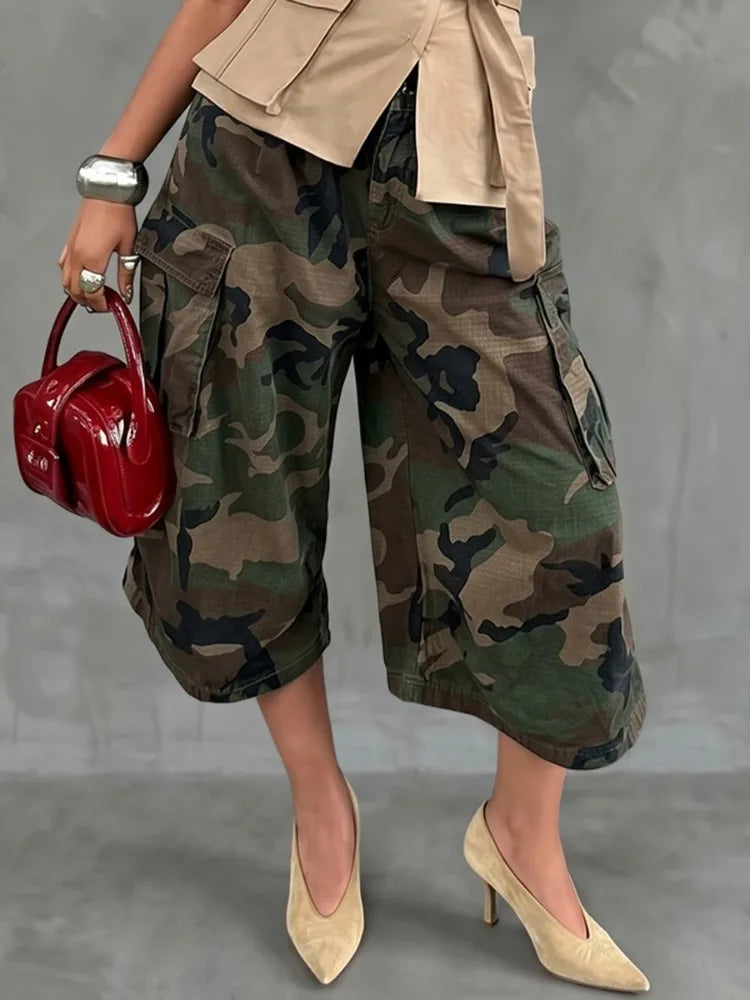 Women Camo Printed Capri Cargo Pants High Waist Loose Wide Leg Casual Streetwear Cropped Trousers