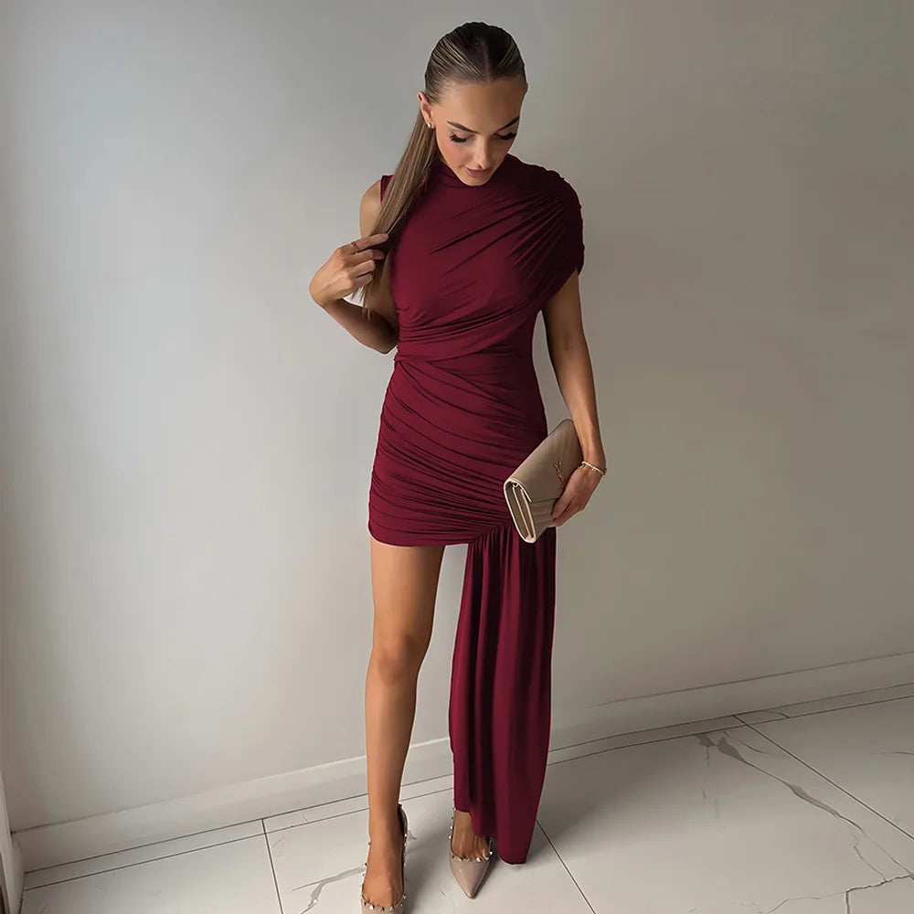 Elegant Irregular Pleated Tassel High Waist Mini Dress for Women