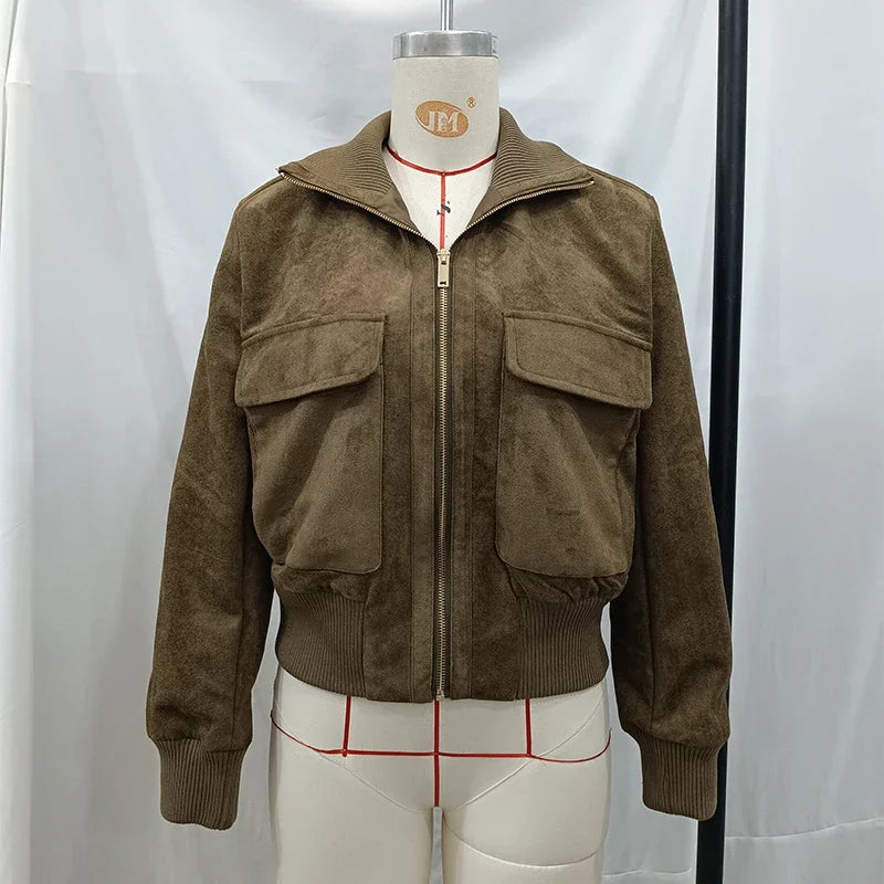 Vintage Suede Long Sleeve Jacket with Pockets for Women