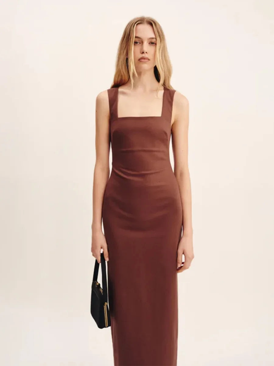 Elegant Square Neck Suspender Cotton Blend Dress For Women