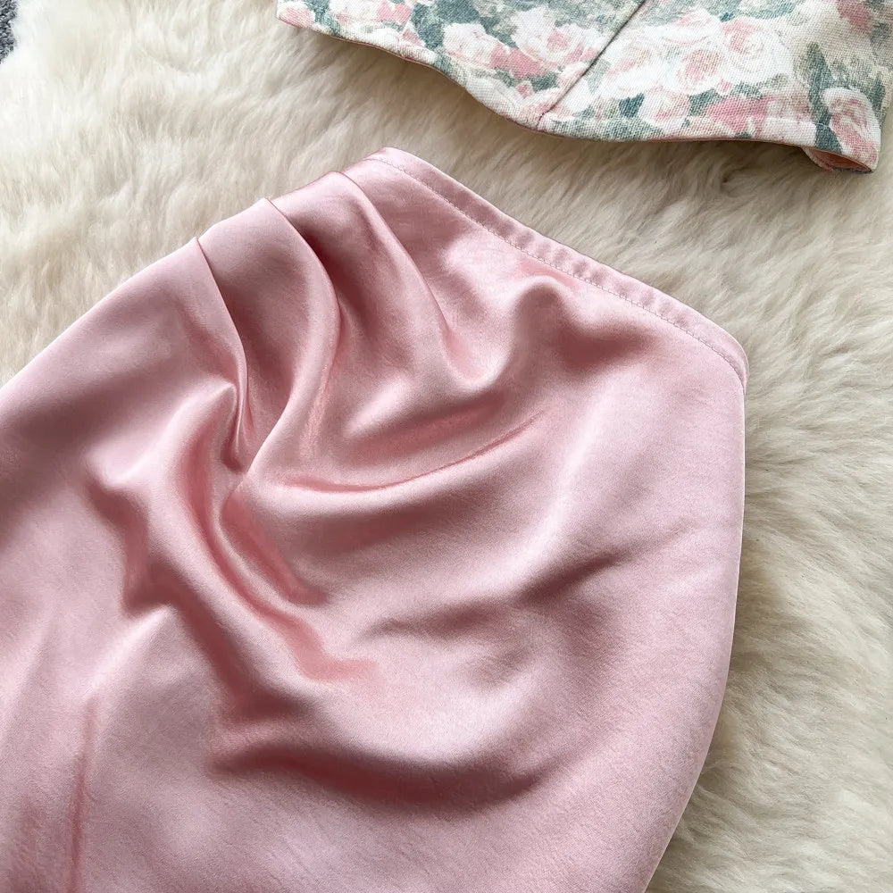 Bow Floral Satin Cami And Mermaid Skirt Set for Women