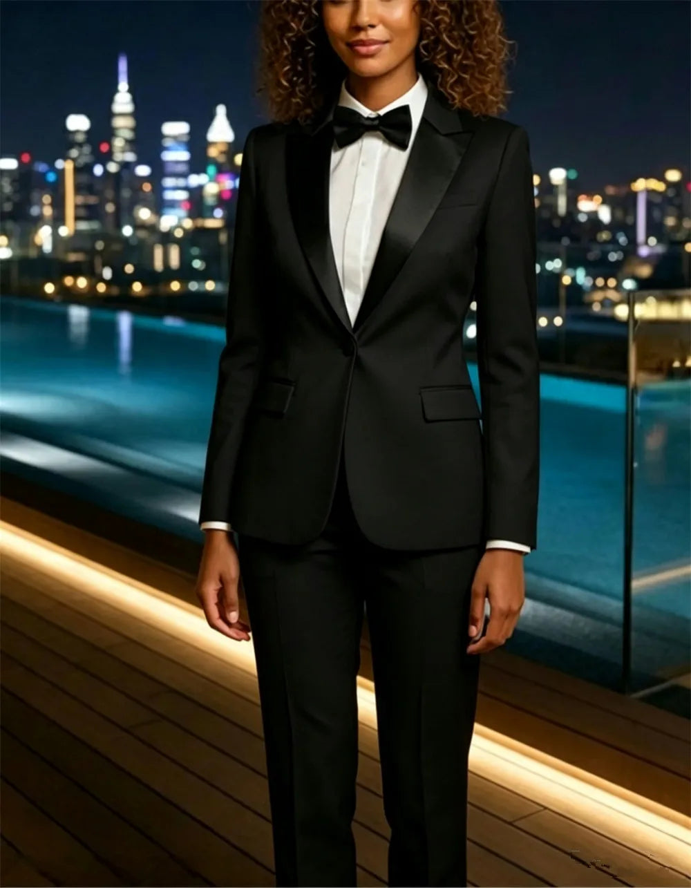 Ladies 2 Piece Suit White Suit Black Tuxedo Lapel Suits Elegant Pantsuit Tuxedo Style Business Suit (Blazer+Pants)