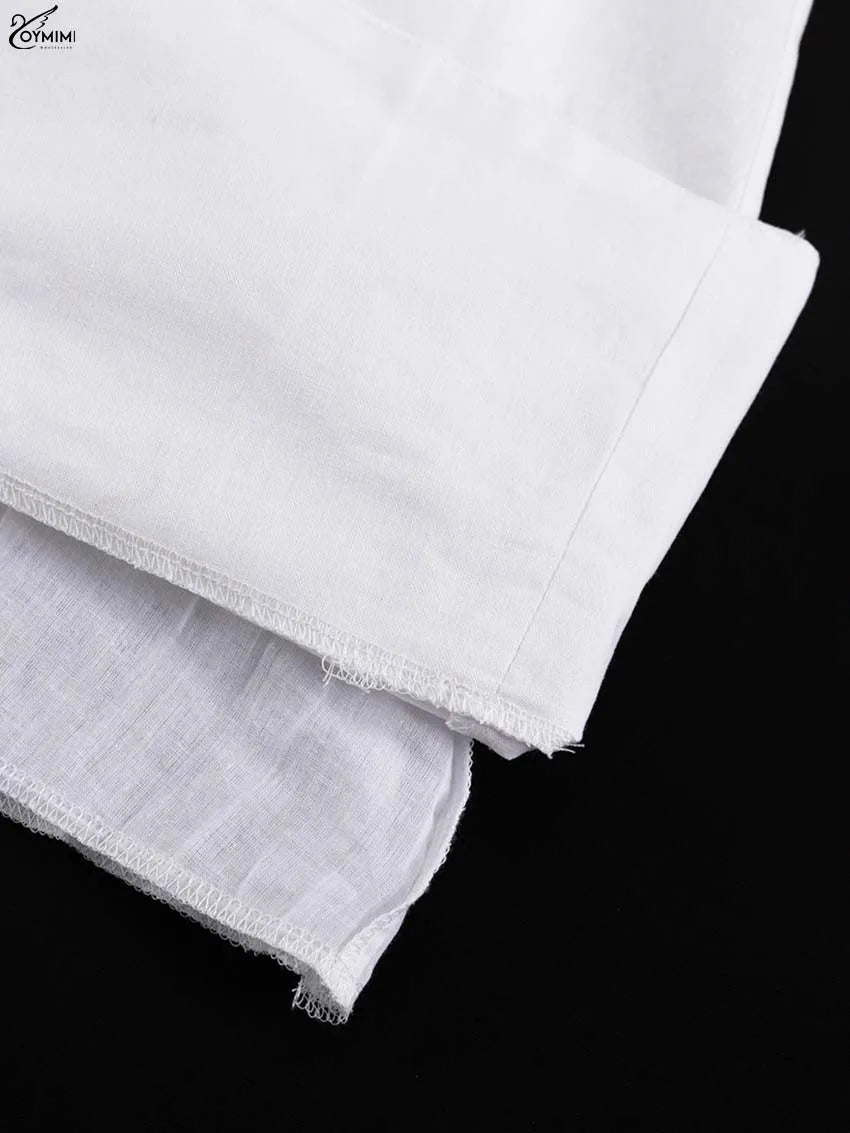 Oymimi Casual White Cotton Womens Dresses Fashion O-Neck Sleeveless Solid Dresses Elegant Open Back Ankle-Length Dress Female