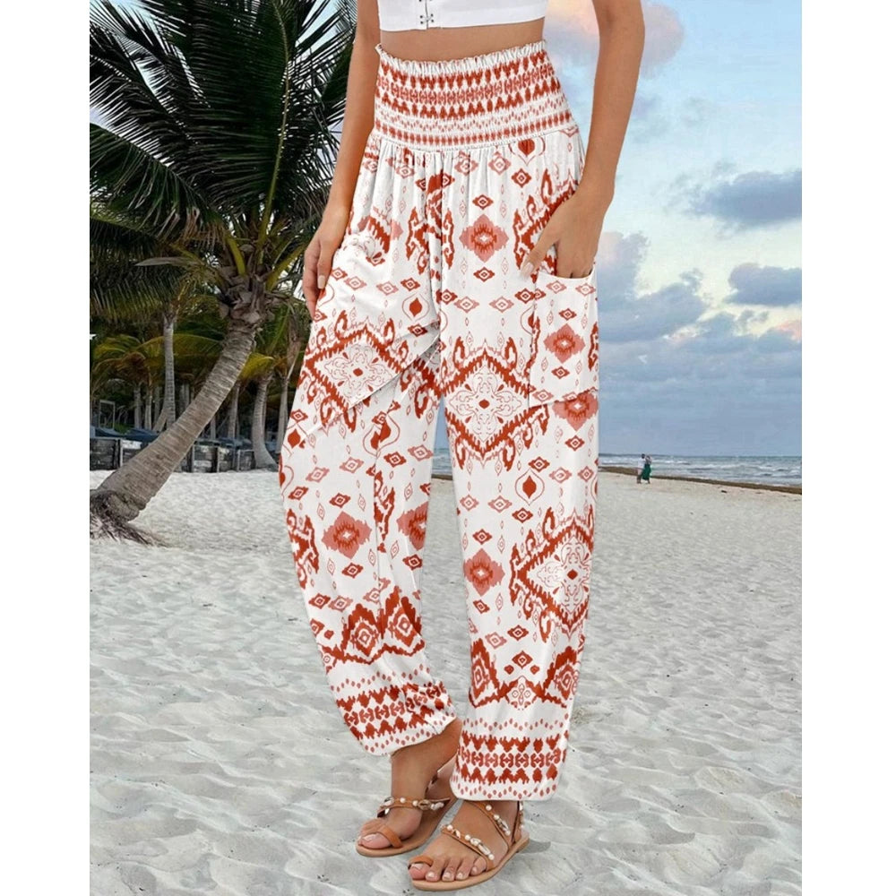 Women's High Waist Floral Print Pocket Cuffed Pants – Casual Sporty Streetwear Trousers with Shirring Elastic Waist