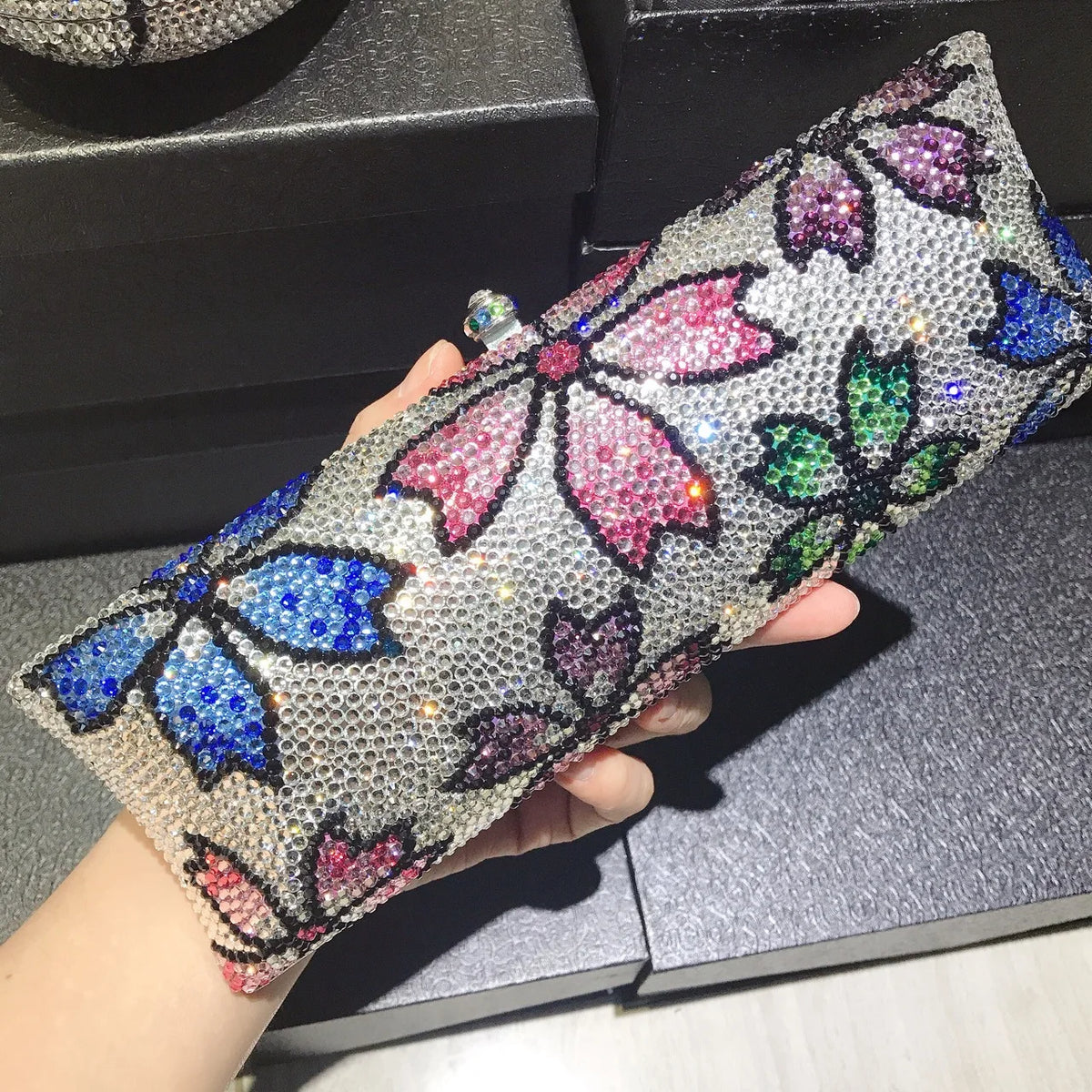 Sparkling Crystal Quilted Hard Case Clutch Bag for Women