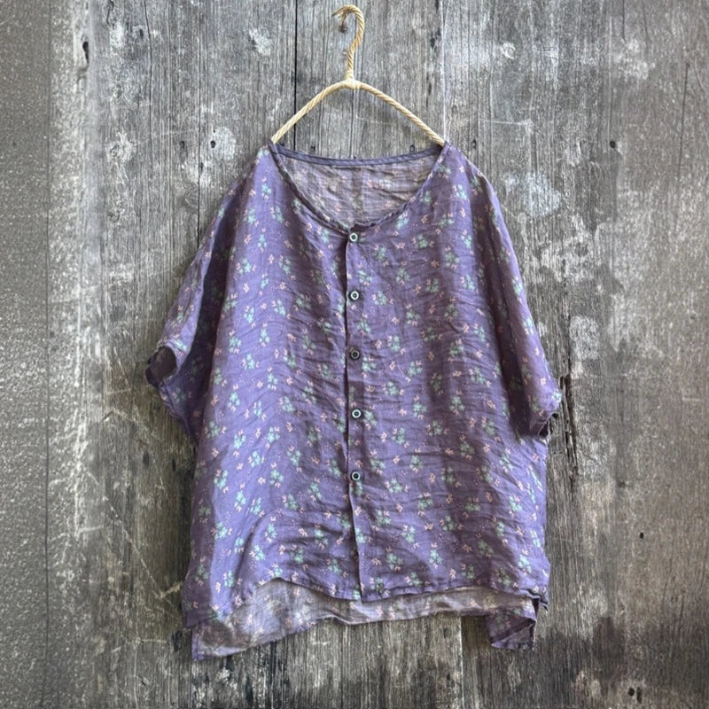 Casual Floral Print Loose Linen Relaxed Fit Shirt for Women