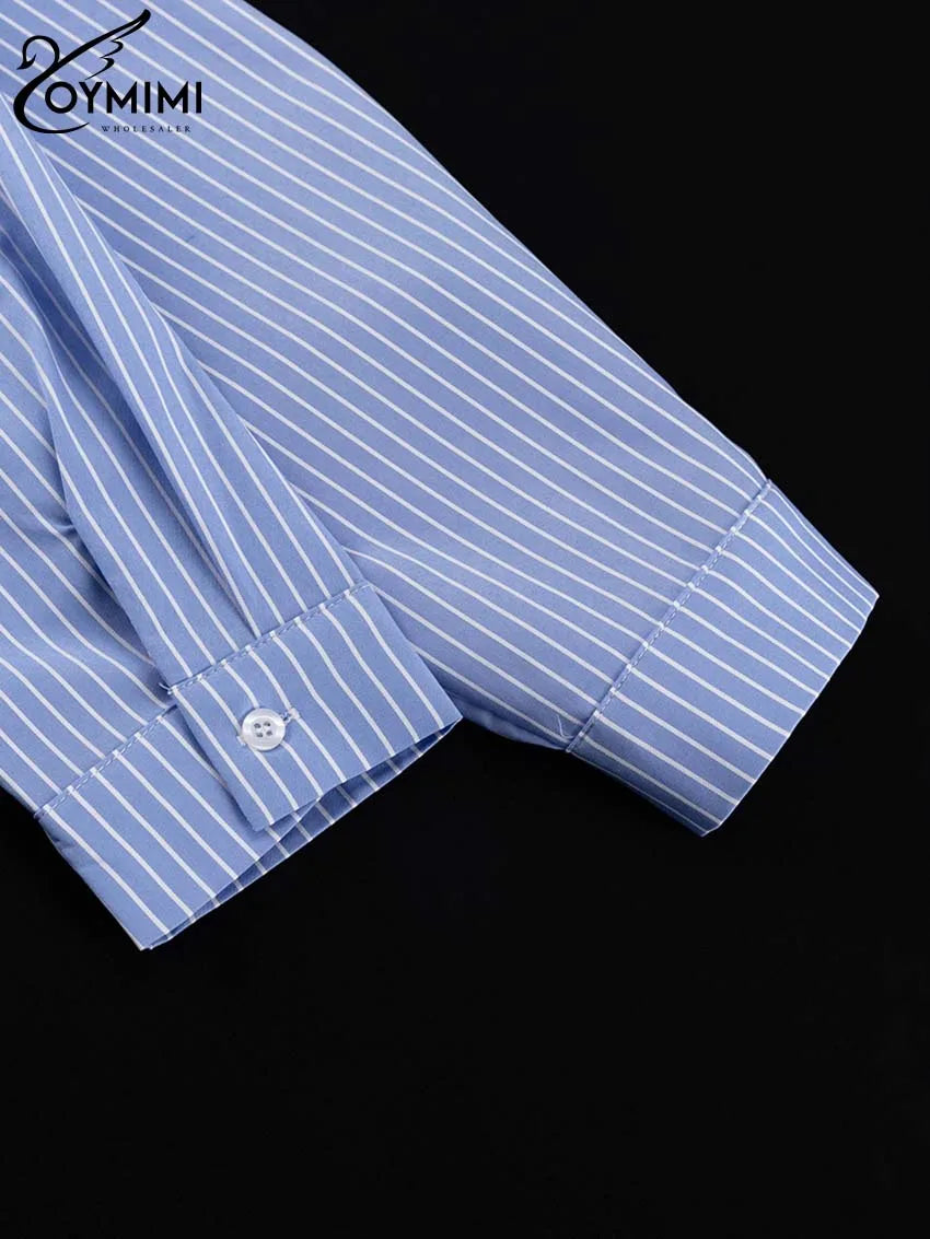 Oymimi Elegant Blue Striped Print Sets For Women 2 Pieces Fashion Long Sleeve Button Crop Tops And High Waist Pleated Skirts Set