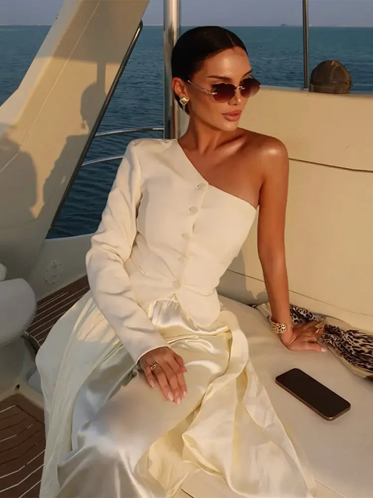 Chic White Lace Patchwork Long Blazer Set for Women