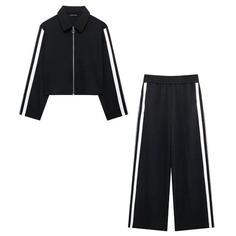 Lapel Long Sleeve Zipper Sports Jacket Two Piece Wide Leg Pants Set for Women