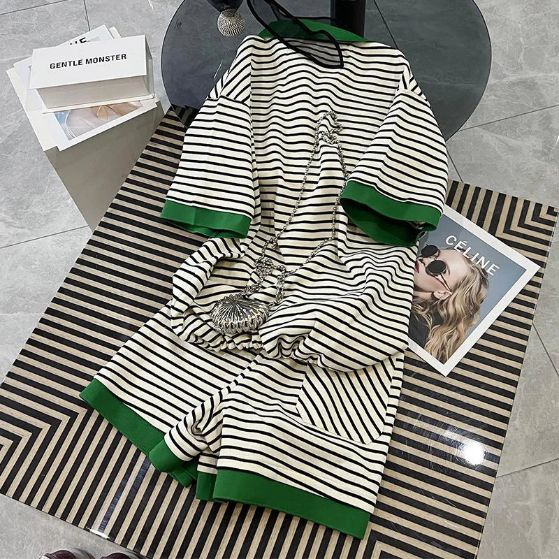 Shorts Pant Set Women Two Piece Sets Matching Sets Short Sleeve Tops Striped Pants Casual Elastic Waist Summer Y2k Streetwear