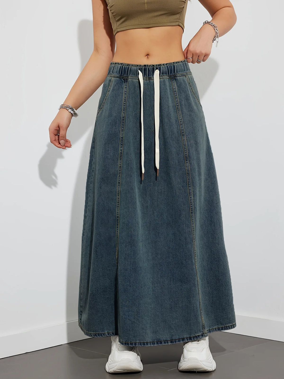 Elastic Waist Lace Up Loose Casual Denim Maxi Skirt for Women