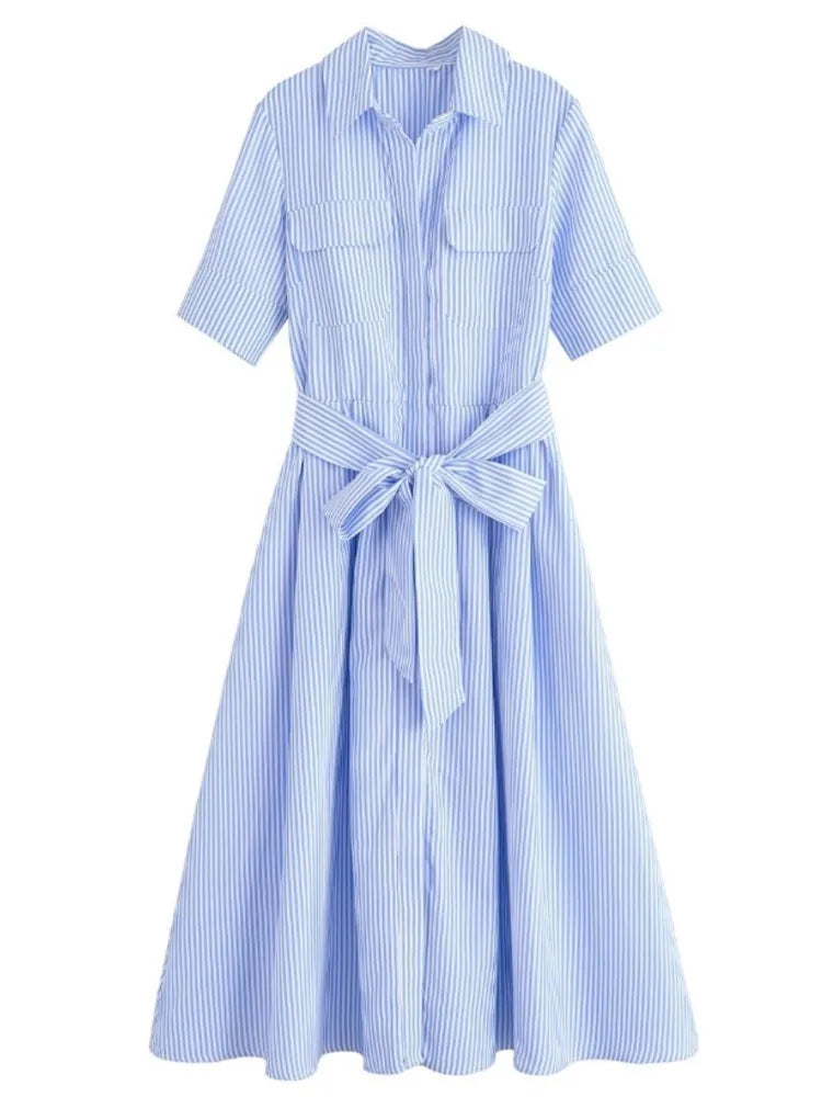 Lapel Casual Pockets Short Sleeve Shirt Dress for Women