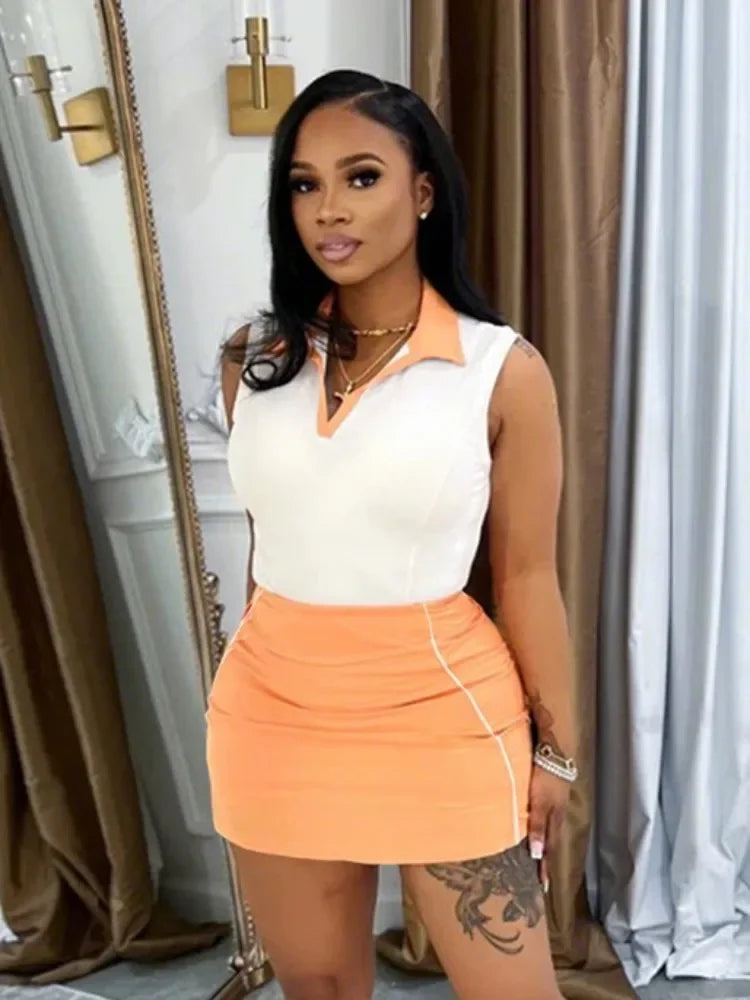 2025 Summer Women's Contrast Patchwork Lapel Sleeveless Bodycon Sporty Mini Dress Holiday Casual Comfort Streetwear S-XXL