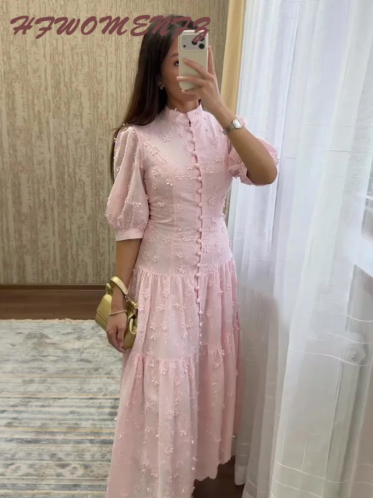 Floral Puff Sleeve Empire Waist Long Dress for Women