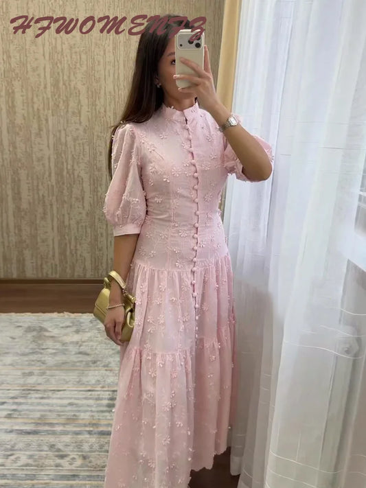 Floral Long Empire Dress With Puff Sleeves