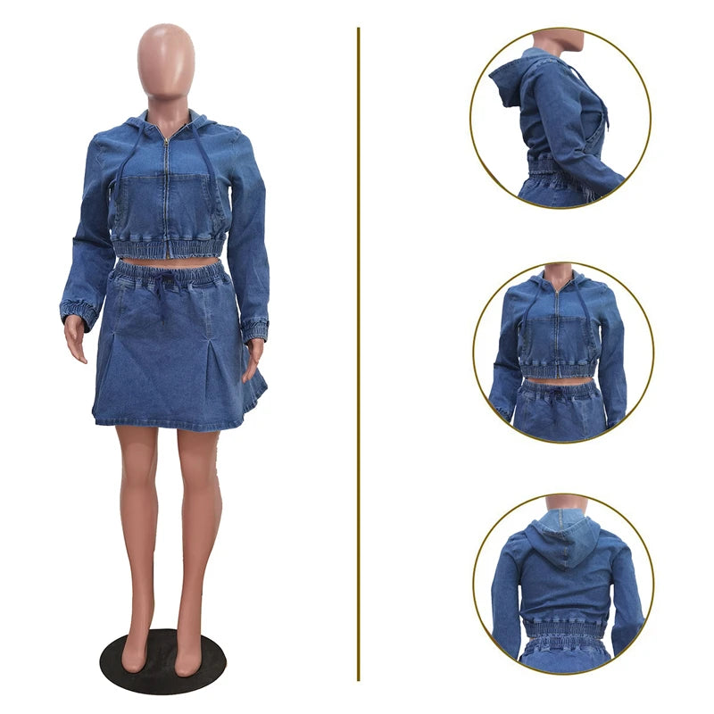 Hooded Denim Crop Top And Pleated Skirt Set for Women