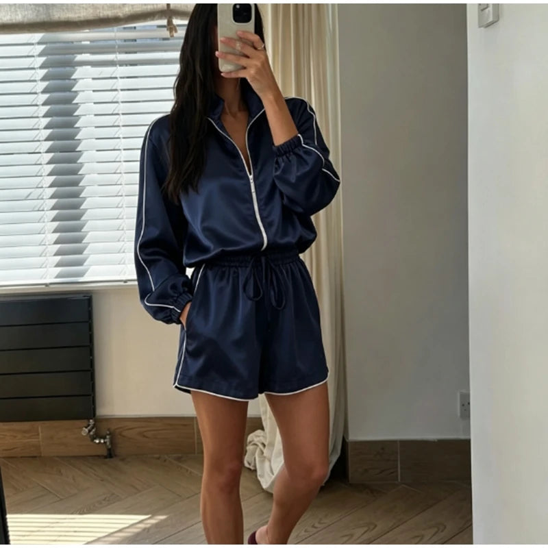 Relaxed Fit Casual Solid Coat Shorts Set for Women