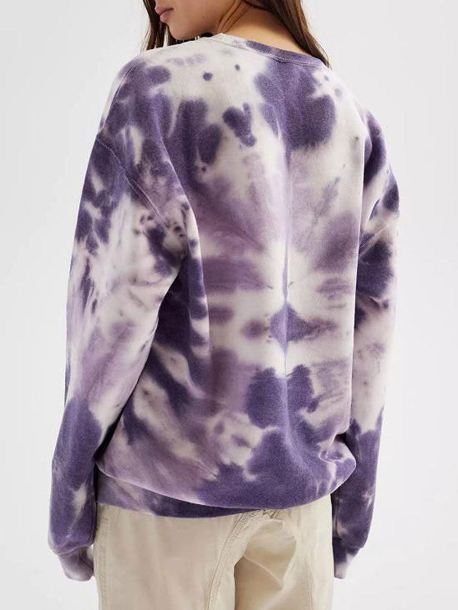 Women's Spring and Autumn Loose Heart Tie Dye Round Neck Sweatshirt Long Sleeve Heart Tie Dye Printed Round Neck Sweatshirt