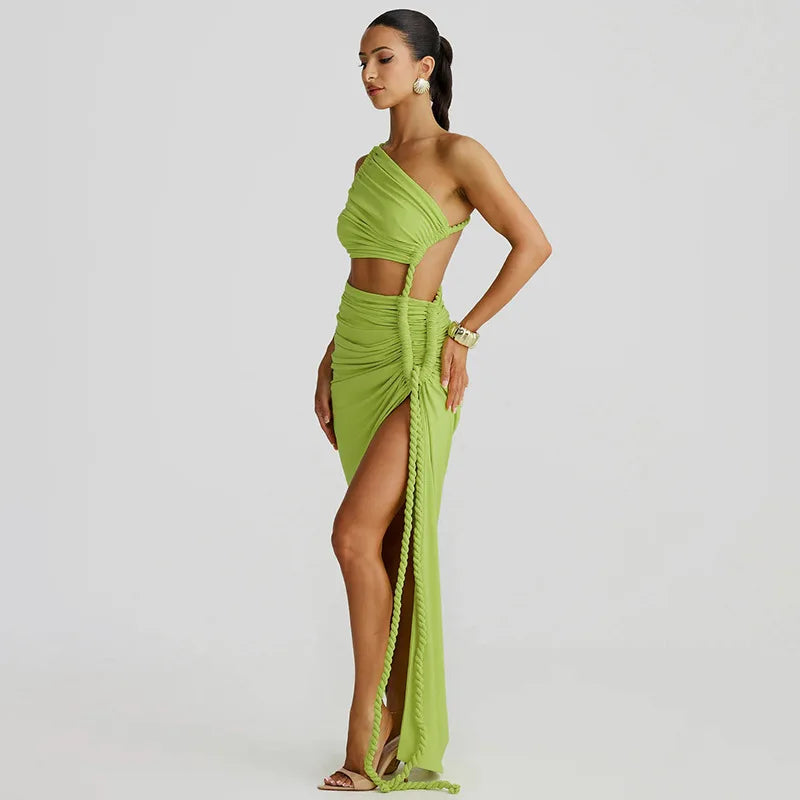 BOOFEENAA Asymmetrical Ruched Backless High Split Long Dresses 2025 Woman Summer Dress Elegant Sexy Vacation Outfits C70-FD75