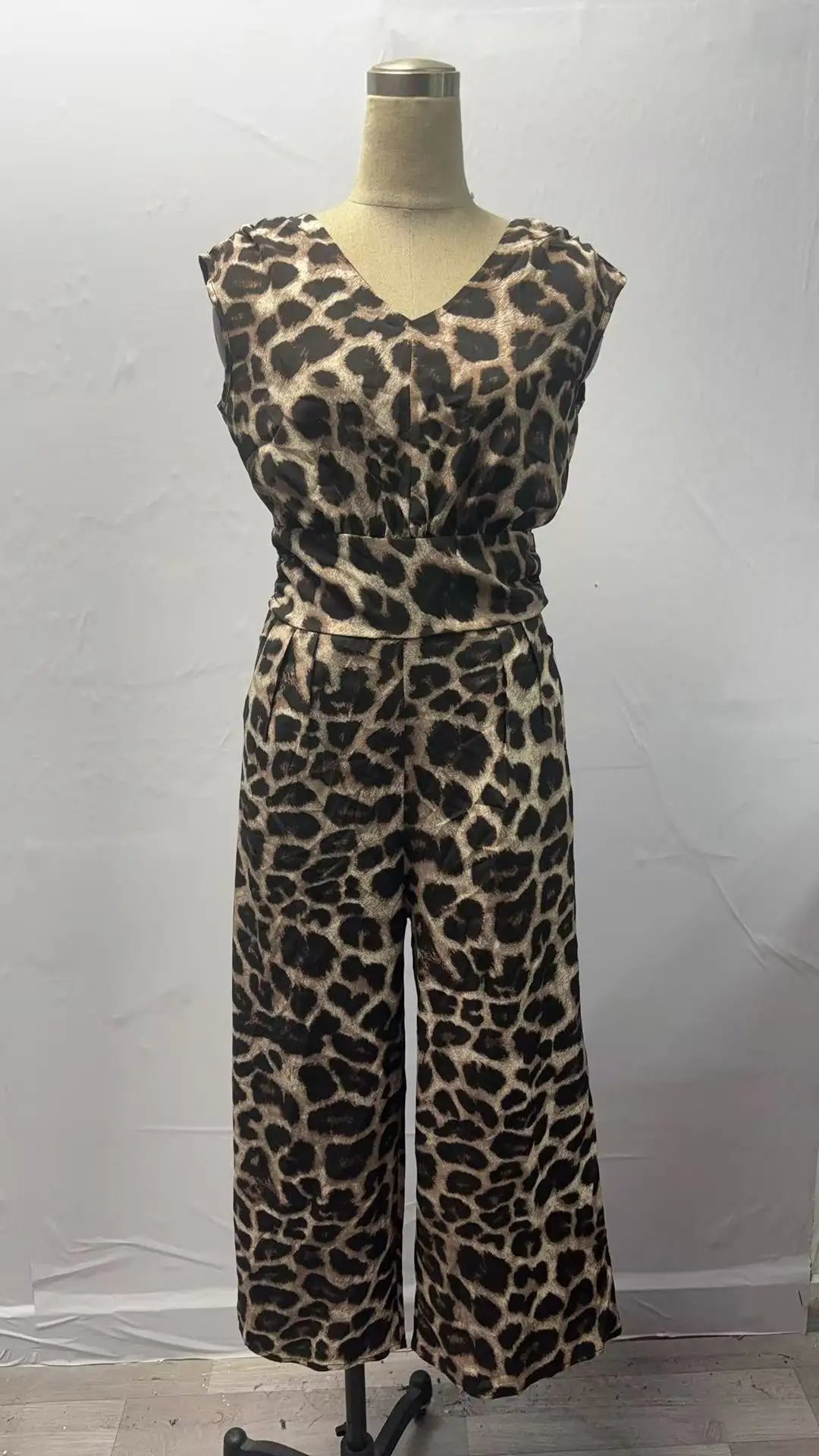 Leopard Print Sleeveless Wide Leg Jumpsuit for Women