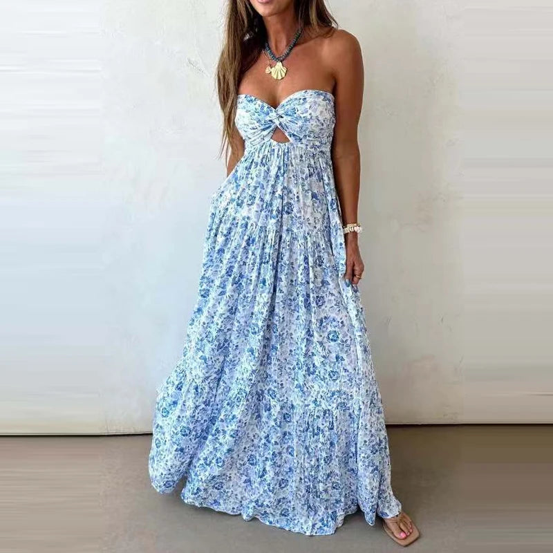 Off Shoulder Pleated Bohemian Maxi Dress for Women