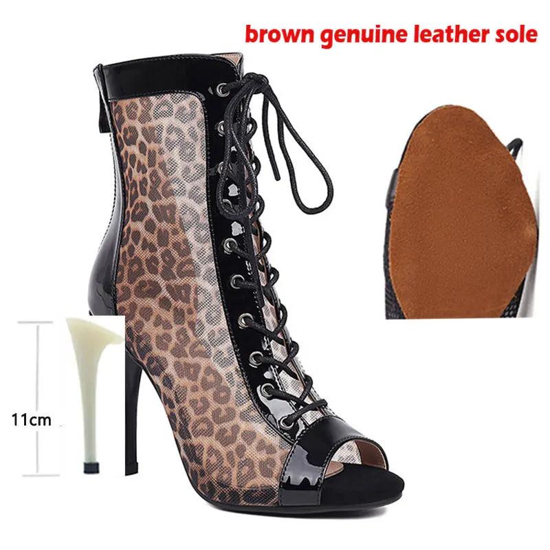 Leopard Print Latin Dance Heeled Ankle Boots for Women