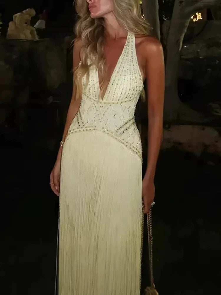 Women Sexy Backless Hollow Sequin Gowns 2026 Elegant Halter Sleeveless Long Dress Fashion Tassel Splicing Waist Slim Party Dress