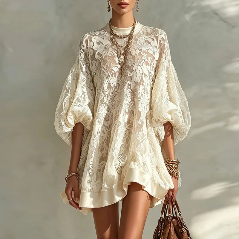 Floral Lace Puff Sleeve Boho Ruffle Mini Dress for Women