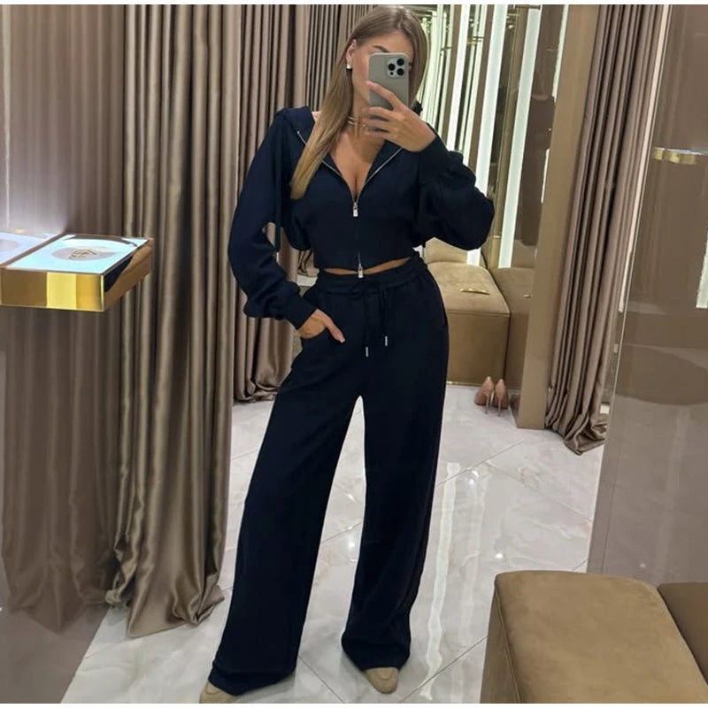Zip Up Corset Hoodie And Wide Leg Sweatpants Two Piece Set For Women