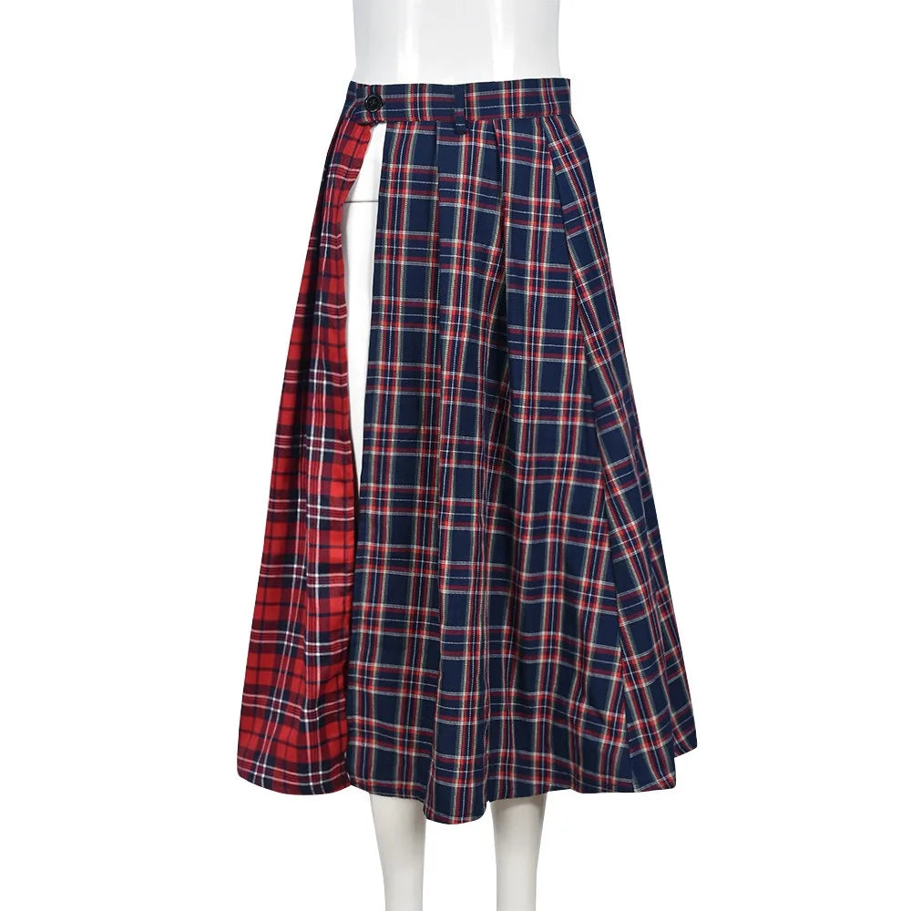 FAGADOER Fashion Streetwear Women High Waisted Plaid Splicing Print Side Slit Mid Skirts Casual Female Y2K Matching Bottoms 2023