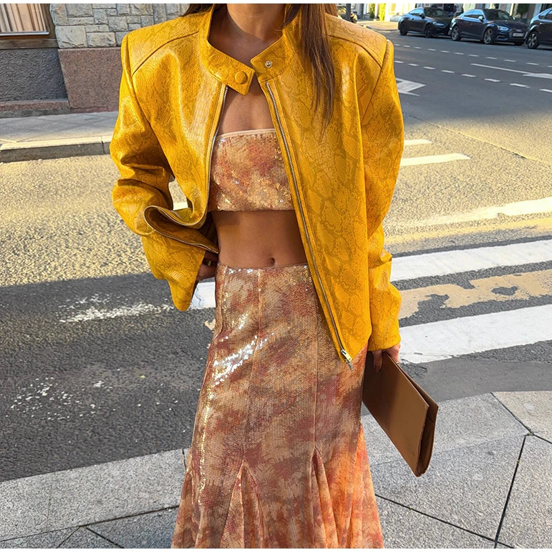 Retro Snake Print Faux Leather Cropped Jacket for Women