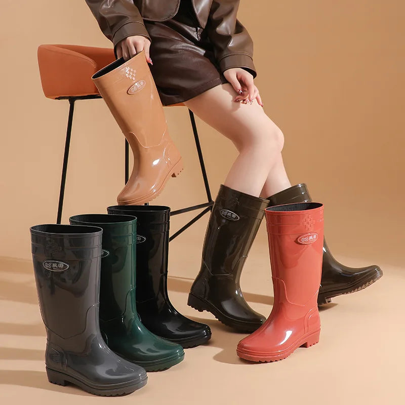 Bright Green Knee High Rain Boots With Antislip Sole for Women