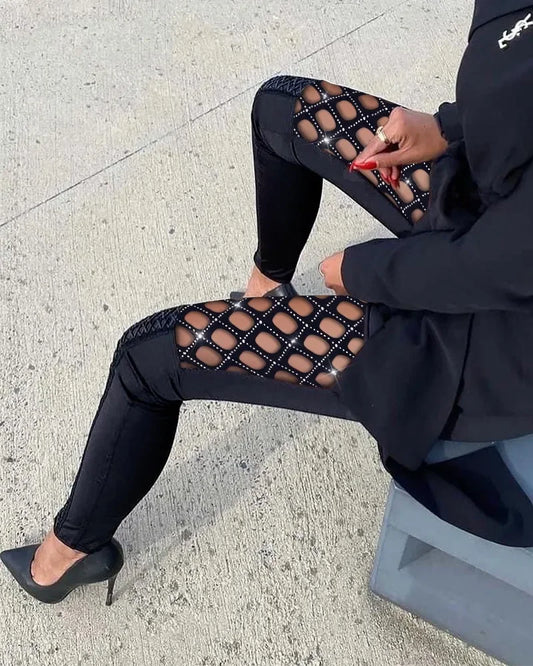 Sexy Y2k Pants Women Streetwear Elegant Slim Fit Hollowed Out Black Patchwork Lace High Waist Trousers 2024 Autumn and Winter