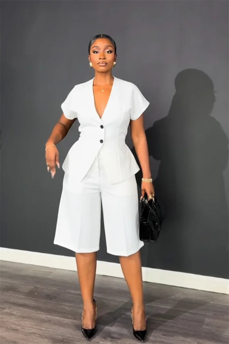 Elegant Workwear Two Piece Set with V Neck Top and Knee Length Shorts for Women