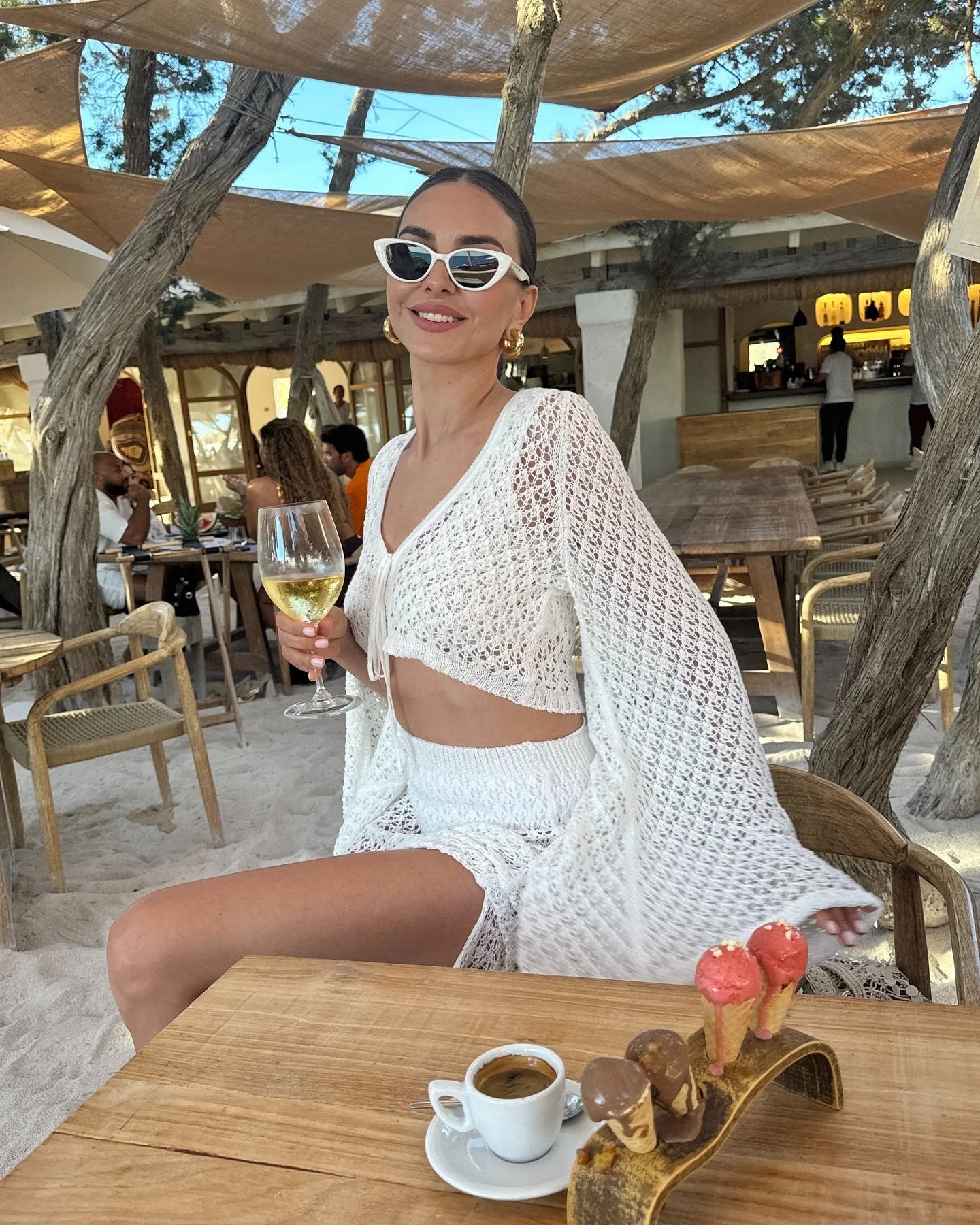 Sexy Knit Set White Cut Out Swimsuit Cover Up 2025 Women's Summer Bell Sleeve Lace-up Loose Top Beach Half Skirt Two-piece K136